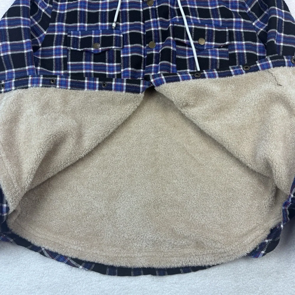 BoohooMAN Shacket Mens M Plaid Sherpa Lined Hooded Flannel Jacket Blue Black